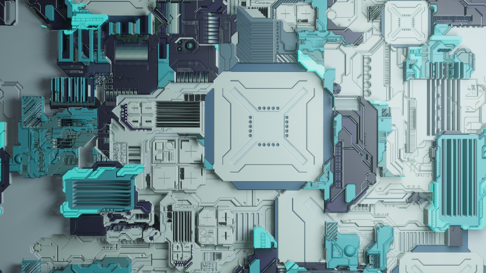 Illustration stylisée d'un circuit imprimé vu de dessus, tons bleus et turquoise.