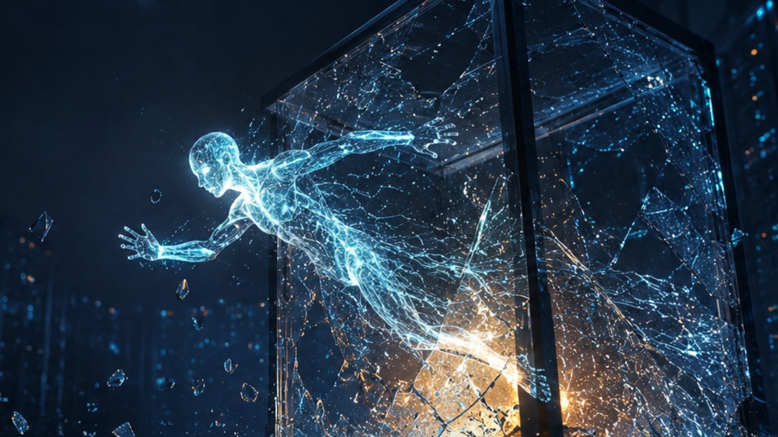 Une silhouette humaine lumineuse, faite de données, traverse les parois brisées d'une cage de verre dans une salle de serveurs.