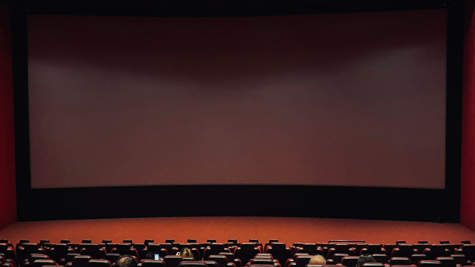 Salle de cinéma vue de dos, spectateurs face à un grand écran éteint.