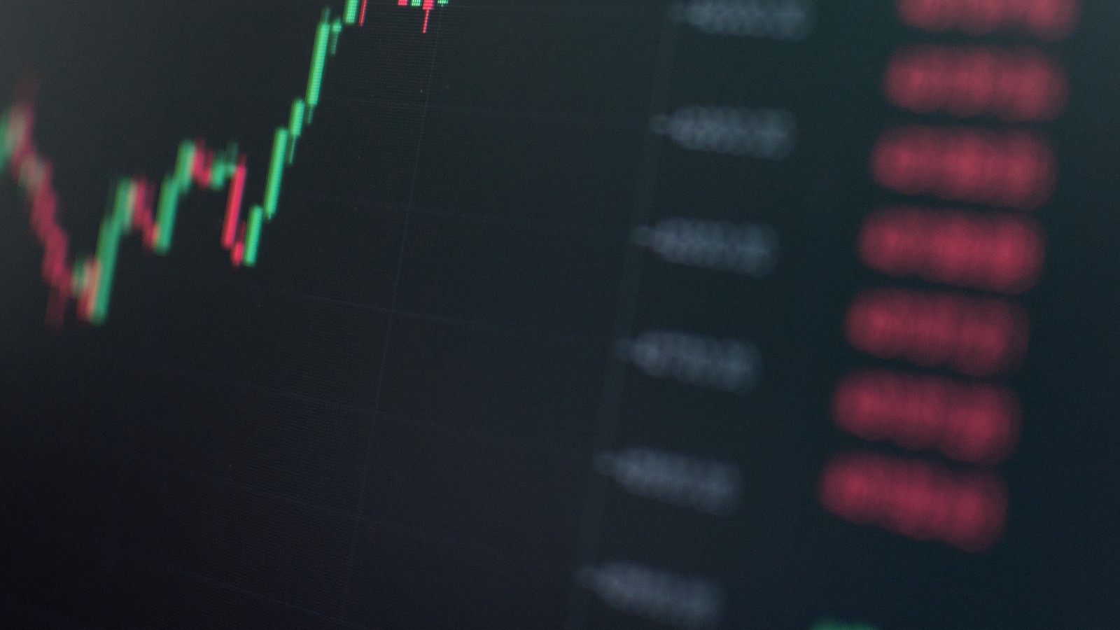 A candlestick stock chart on a trading screen, trending upward.